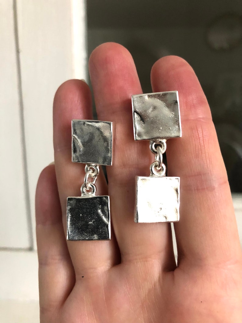 Biche de Bere: square silver and hammered earrings, vintage but new from the famous French designer Nelly Biche de Bere image 5
