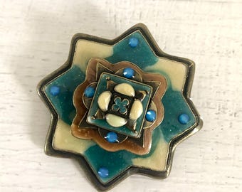 Very pretty vintage blue, cream and silver brooch from the French brand Chorange. Superb vintage Chorange brooch, vintage designer brooch