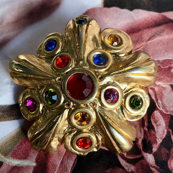 Superb golden and multicolored vintage brooch from the famous French brand Jacky de G, vintage brooch Jacky de G, gift woman, nice gift