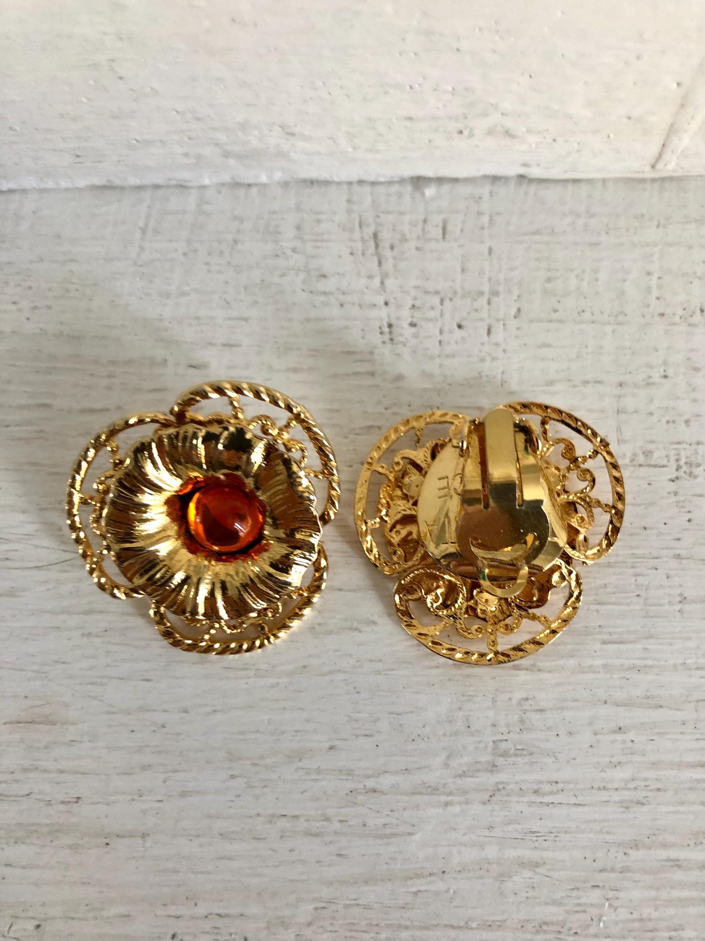 Boucles D'oreilles Clips Taratata - Doré Et Orange Avec Perles Fantaisie, Fabrication Française