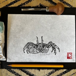 Horned Ghost Crab limited edition numbered lino relief print recycled silk paper