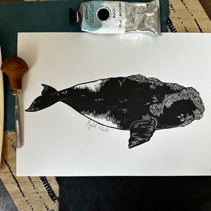 Right Whale handgetekende handgesneden handgedrukte lino-reliëfdruk
