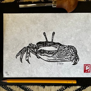 Fiddler Crab limited edition numbered hand drawn hand carved hand printed lino relief print recycled silk paper