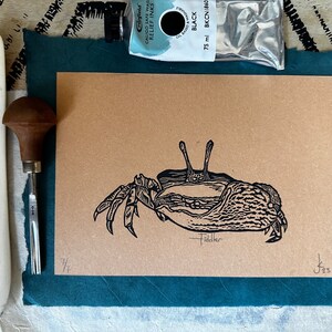 Limited edition numbered Fiddler crab hand drawn hand carved hand printed lino relief print