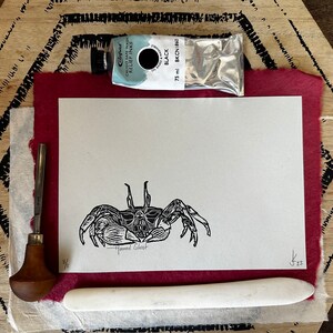 Limited edition numbered Horned Ghost crab hand drawn hand carved hand printed lino relief print