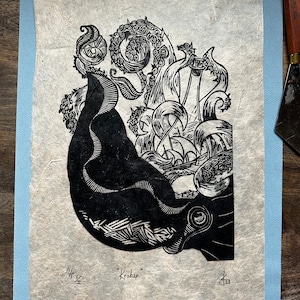Kraken Octopus Myth Handmade Lino Relief Print Artist Limited Edition
