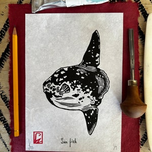 Sun Fish limited edition numbered hand drawn hand carved hand printed lino relief printed recycled silk paper