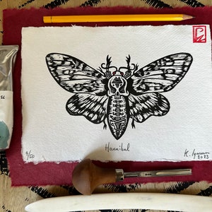 Red Eyed Hannibal Death&#39;s-Head Hawk Moth limited edition number lino relief print