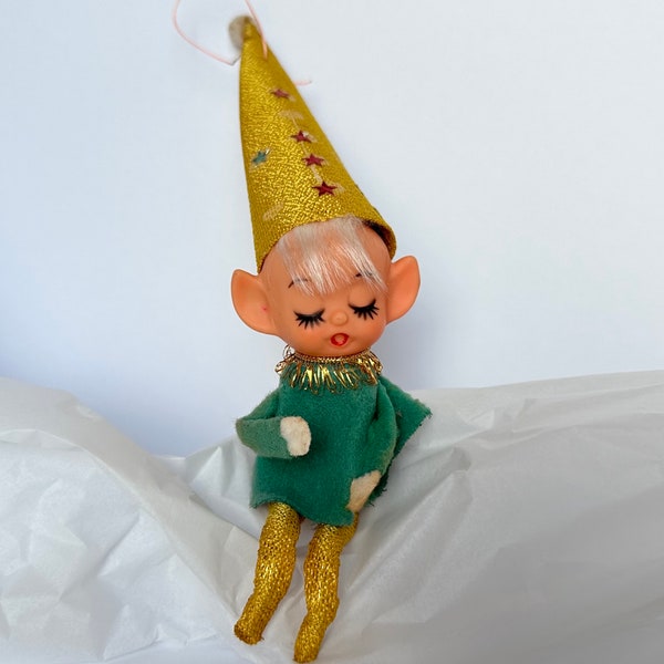 Vintage 1950s Japan Rubber Face Christmas Pixie Elf Closed Eyes Sitting