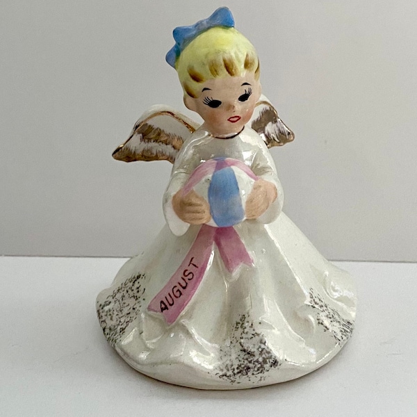 Vintage Birthday Angel August w/ Beachball Ceramic Figurine Norcrest Japan RARE