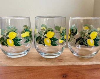 Vtg Greenbrier Lemon Glasses Wine Beverage Drinking Juice 4.25” tall Set of 3