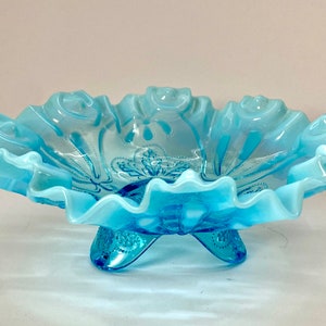 Vintage Blue Candy Dish Blue Opalescent Jefferson Glass Meander Pattern 1901-07