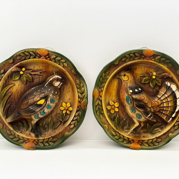 Vtg Napcoware Bird Hand Painted Grouse 3D Wall Art Ceramic Plaque 8” Set Of 2