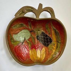 Vtg Fruit Enameled Painted Solid Brass Apple Shape Trinket Coin Tray 5.75”x5.75”