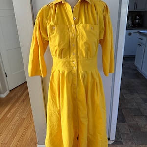 Vintage 70s 80s Bright Yellow Retro Dress Button Up Shoulder Pads Size Small