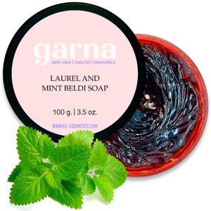 Garna Laurel & Mint Beldi Moroccan Black Soap 3.5 oz, Body Peel for Natural Skincare, Mint Beldi Moroccan Black Soap