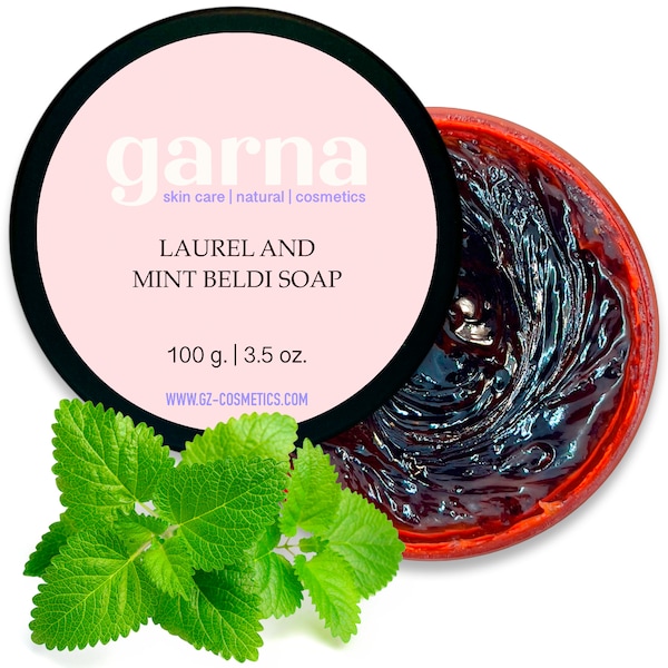 Garna Laurel & Mint Beldi Moroccan Black Soap 3.5 oz, Body Peel for Natural Skincare, Mint Beldi Moroccan Black Soap