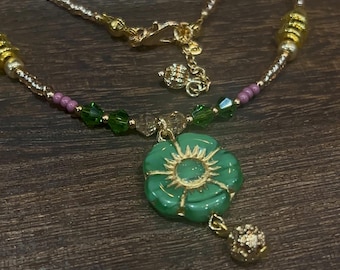 Green flower necklace Czech glass bead
