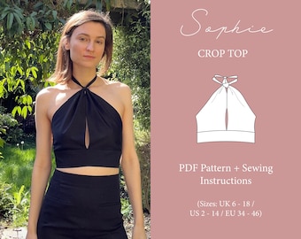 Top corto con scollo all'americana / modello di cucito e istruzioni / taglia UK 6 - 18