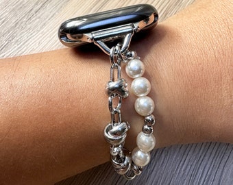 Silver White Pearl Elegant Chain Apple Watch Band Stainless Steel Ultra 1 2 iWatch Series 10 9 8 7 6 5 4 3 2 1 SE 38 40 41 42 44 45 46 49mm