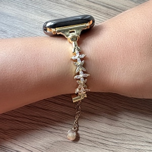 Gold Floral Crystal Apple Watch Band: Elegant Stainless Steel Bracelet