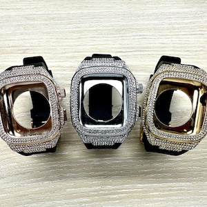 Luxe Apple Watch-horloge met diamanten strassteentjes roestvrijstalen kast en band mod-kit metalen band 44-45 mm iWatch-serie 9 8 7 6 5 4 SE