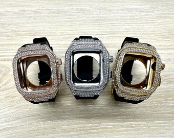 Luxury Diamond Rhinstones Apple Watch Stainless Steel Case and Band Mod Kit Metal Strap 44 45mm iWatch Series 9 8 7 6 5 4 SE