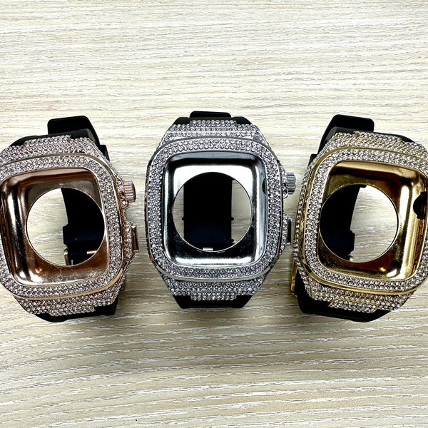 Luxury Diamond Rhinstones Apple Watch Stainless Steel Case and Band Mod Kit Metal Strap 44 45mm iWatch Series 9 8 7 6 5 4 SE