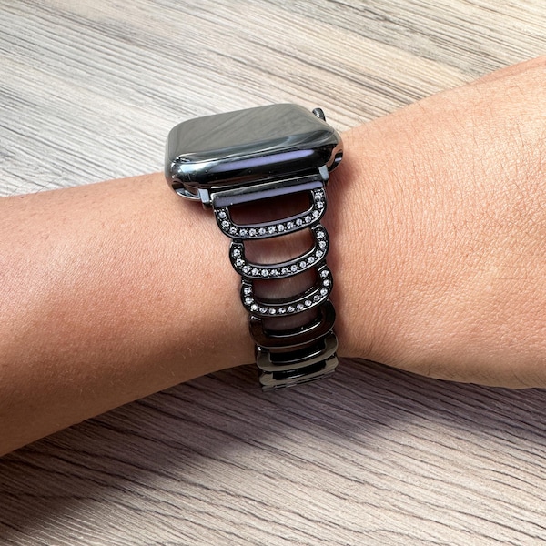 Black Rhinestone Apple Watch Band: Stainless Steel LuxChain Bracelet