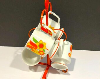Vintage Mug Set with Metal Orange Stand