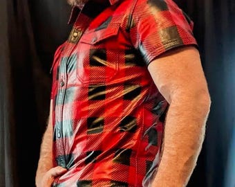 Camisa de piel de cordero hecha a mano: cuadros rojos y negros de búfalo, corte entallado