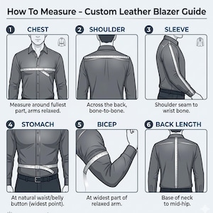 May include: Diagram illustrating how to measure for a custom leather blazer. The guide shows measurements for chest, shoulder, sleeve, stomach, bicep, and back length. Each measurement is clearly labeled with instructions.