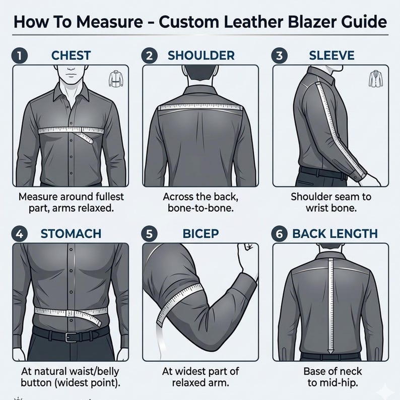 May include: Diagram illustrating how to measure for a custom leather blazer. The guide shows measurements for chest, shoulder, sleeve, stomach, bicep, and back length. Each measurement is clearly labeled with instructions.