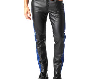Vaqueros de cuero con rayas azules hechos a medida - Pantalones de cuero ajustados - Pantalones con forro de licra - Pantalones elásticos - Uniforme BLUF Gear