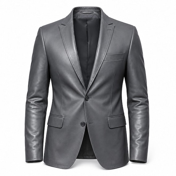 Dark Grey Leather Blazer Slim Fit - Soft Sheepskin Sport Coat Jacket