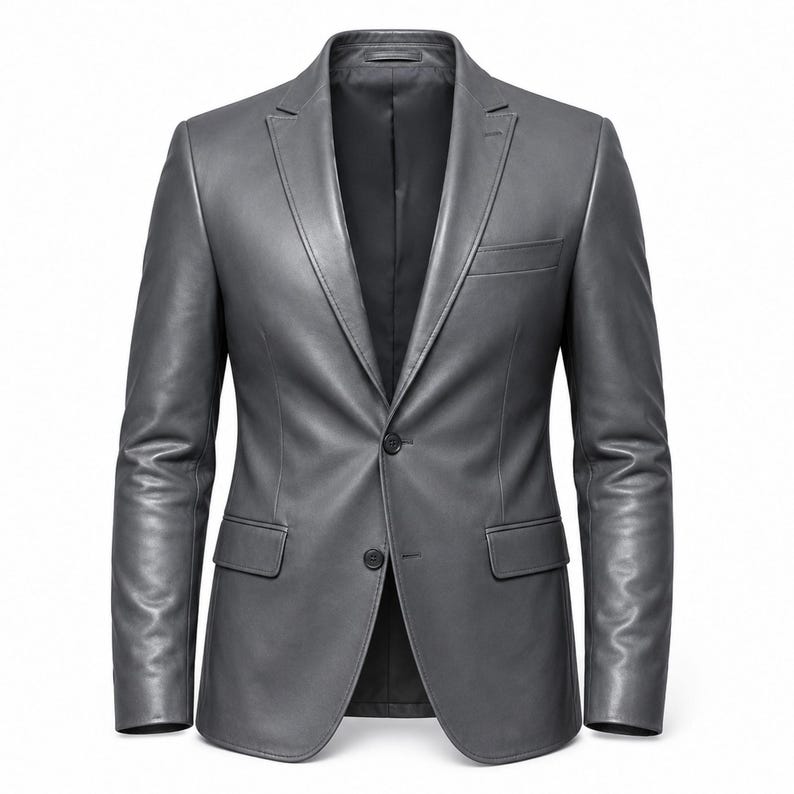 May include: A gray leather blazer with a two-button closure, notched lapels, and a chest pocket. The jacket has long sleeves and a tailored fit. The interior lining is black. The blazer is displayed against a white background.