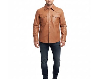 Camisa vaquera de piel de cordero hecha a mano / Estilo vaquero color canela