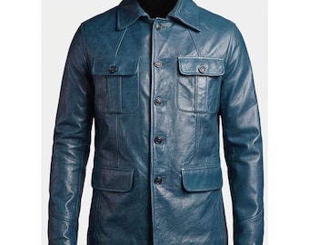 Chaqueta safari de cuero azul petróleo para hombre, abrigo de campo de piel de oveja hecho a mano con 4 bolsillos.