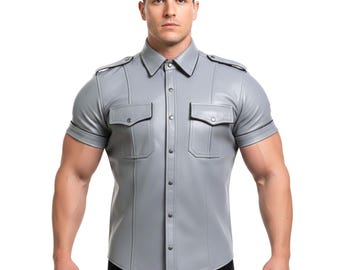 Camisa de uniforme policial de cuero gris - Piel de oveja suave estilo BLUF - Camisa de cuero de manga corta con corte deportivo - Equipo de calidad profesional - Personalizada