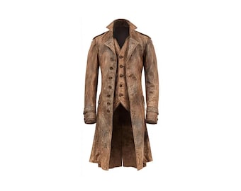 Abrigo largo de cuero marrón desgastado para hombre - Chaqueta de cazador gótica victoriana
