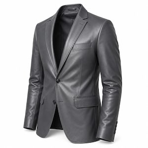 May include: A gray leather blazer with a notched lapel, a single-breasted closure, and a chest pocket. The blazer has long sleeves with buttoned cuffs and a tailored fit. The jacket is made of a smooth, supple leather material.