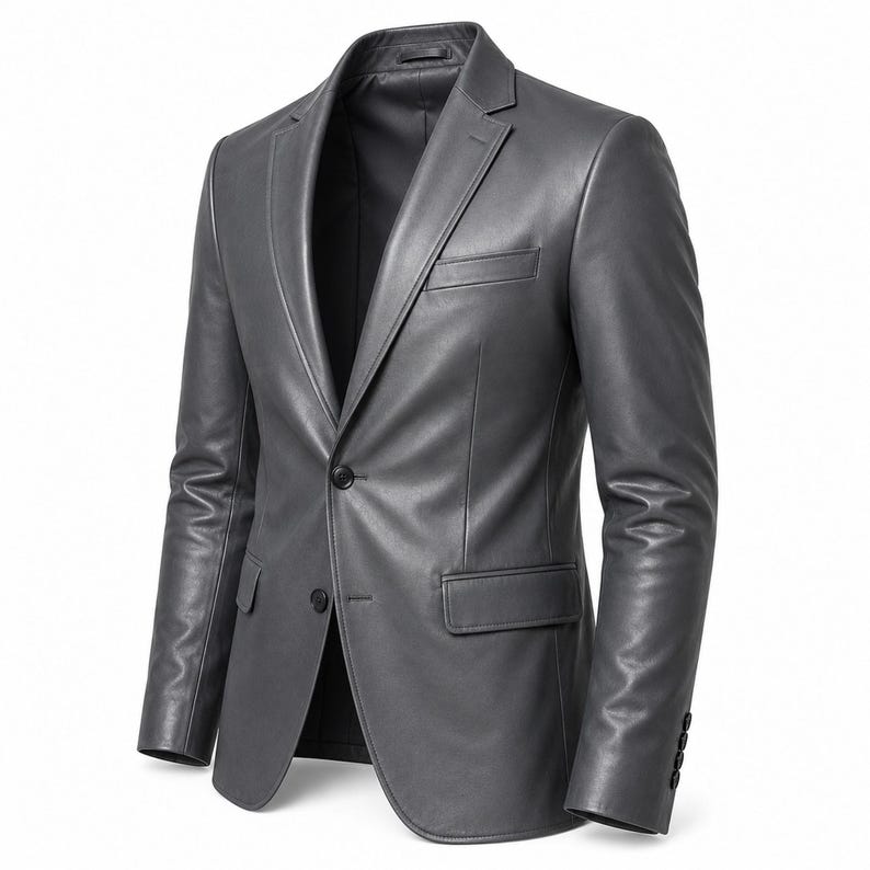 May include: A gray leather blazer with a notched lapel, a single-breasted closure, and a chest pocket. The blazer has long sleeves with buttoned cuffs and a tailored fit. The jacket is made of a smooth, supple leather material.