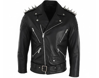 Chaqueta de cuero de oveja genuino hecha a mano con púas de diablo / Chaqueta de motociclista estilo steampunk con cremallera cruzada