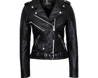 Chaqueta de motociclista de cuero negro para mujer / Chaqueta de motociclista genuina, ajuste personalizado