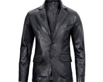 Men's Handmade Black Leather Blazer – Premium Business Jacket