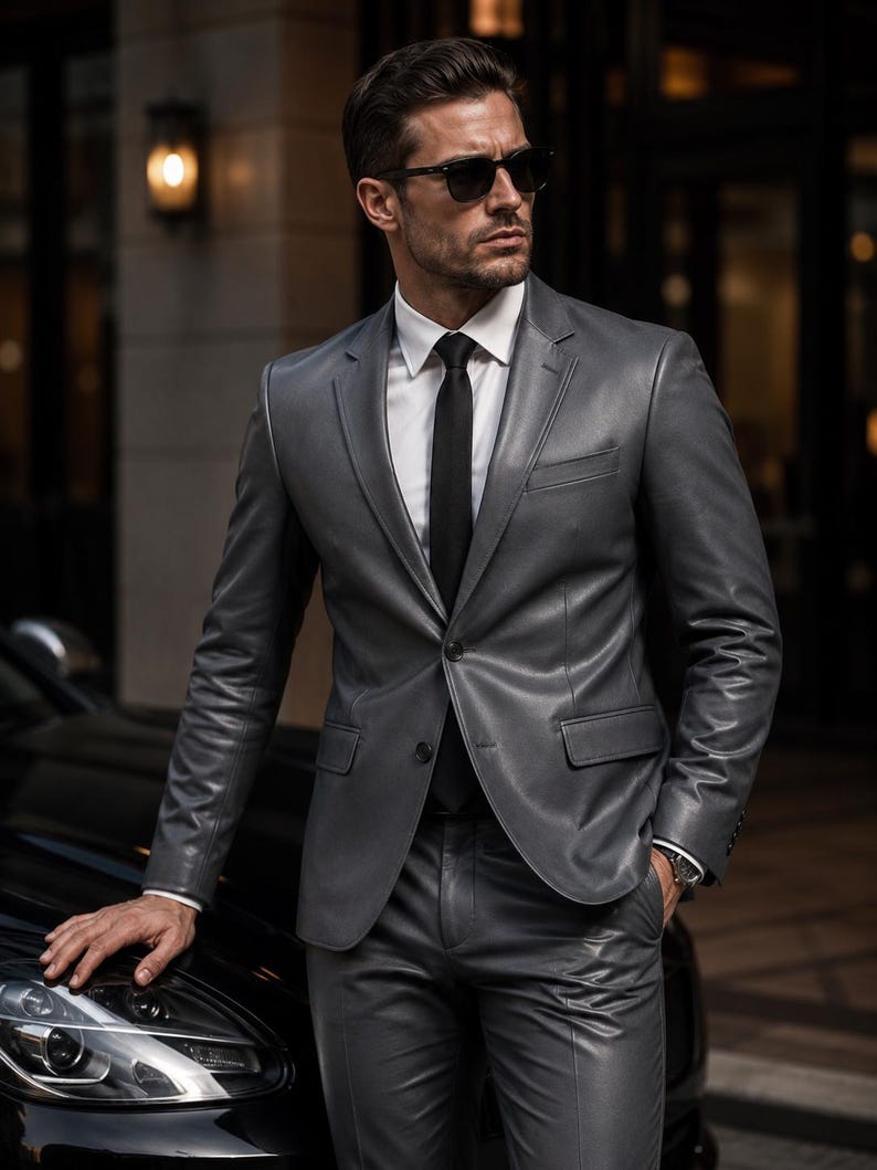 May include: A gray leather suit, consisting of a blazer and matching pants, worn with a white dress shirt and black tie. The suit has a tailored fit and is worn with black sunglasses. The person is leaning against a black car.