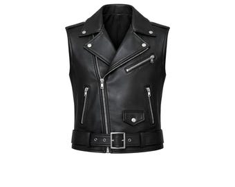 Chaleco de cuero auténtico para hombre, estilo motero, negro, sin mangas, estilo Brando, ropa punk rock.