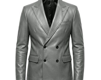 Men’s Leather Double Breasted Blazer | Dark Grey Slim Fit Sheepskin Coat