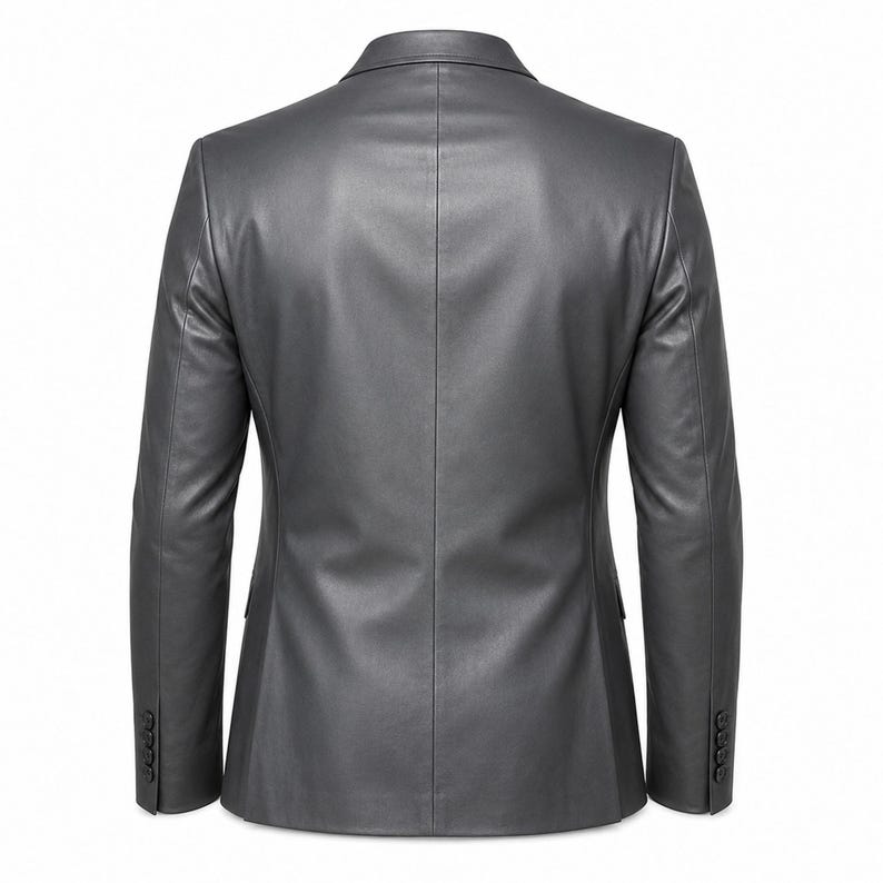 May include: A gray leather blazer with a classic design. The blazer features a notched lapel, two front pockets, and buttoned cuffs. The back of the blazer is visible, showcasing a tailored fit and a clean, minimalist aesthetic. The blazer is a versatile piece of outerwear.