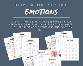 May include: A set of printable worksheets for DBT Emotion Regulation Skills. The worksheets are titled "Emotions" and feature a variety of emotions, including joy, sadness, anger, and fear. The worksheets are available in three versions: color, black and white, and a version with information about emotions and emotion lists. The worksheets are 8.5 inches by 11 inches.